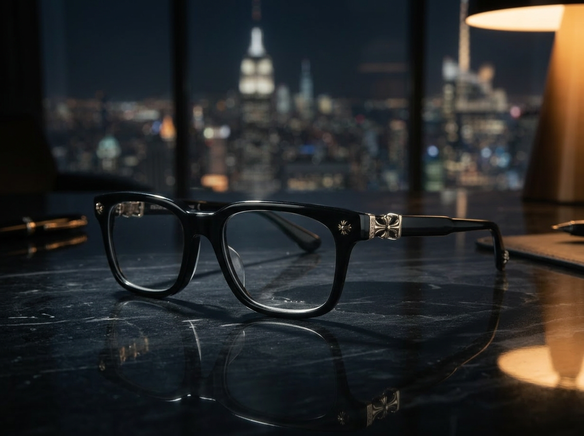 Vyzor black acetate glasses with silver hardware on a marble desk in a moody penthouse at night