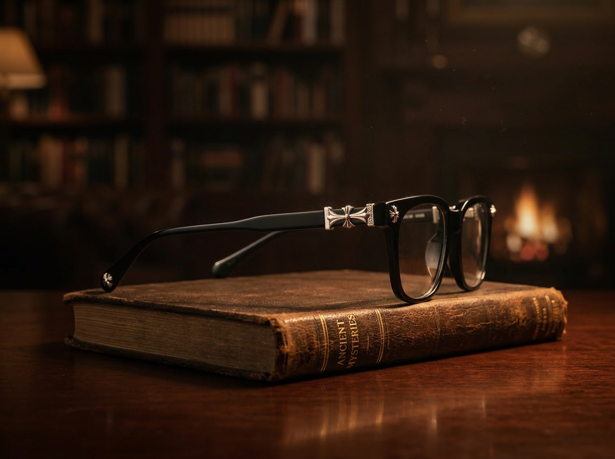 Vyzor black acetate glasses side profile on a leather book with city skyline behind